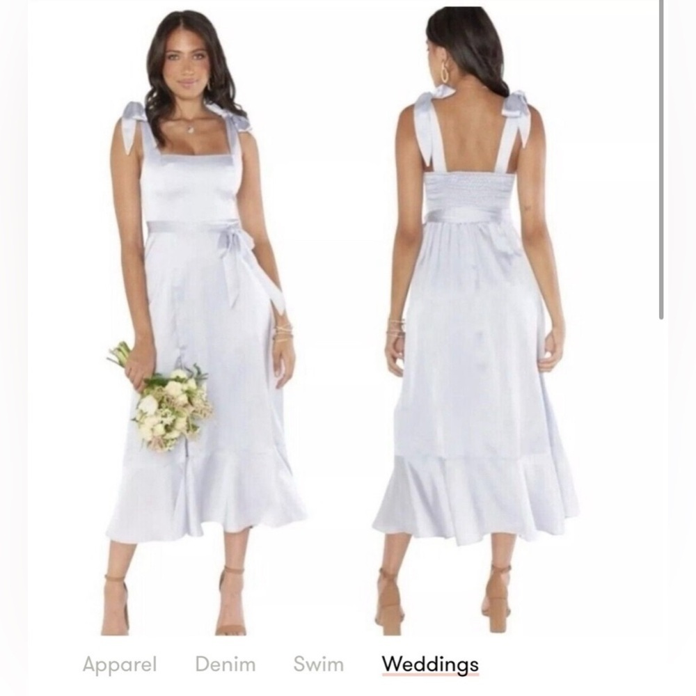 SHOW ME YOUR MUMU CLAIRE MIDI DRESS SILVER SATIN SMALL WEDING DRESS NEW WITH T​